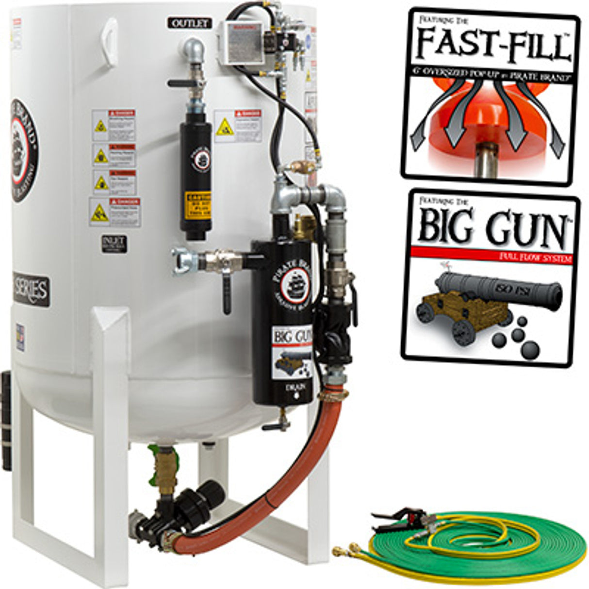 Pirate Brand, S-Series - 20 CU FT., SINGLE OUTLET W/ ABRASIVE CUT-OFF (Hose Mounted) - Blast Pot, Stationary, Pressure HOLD System, Pneumatic Controls