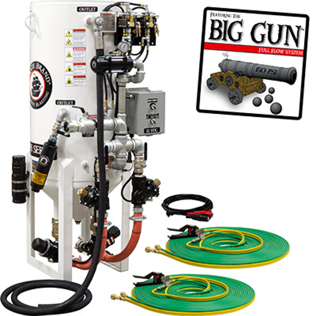 Pirate Brand, S-Series, DUAL-CHAMBER Series - 8 CU FT., DOUBLE OUTLET W/ ABRASIVE CUT-OFF (Hose Mounted) - Blast Pot, STATIONARY, Pneumatic Controls