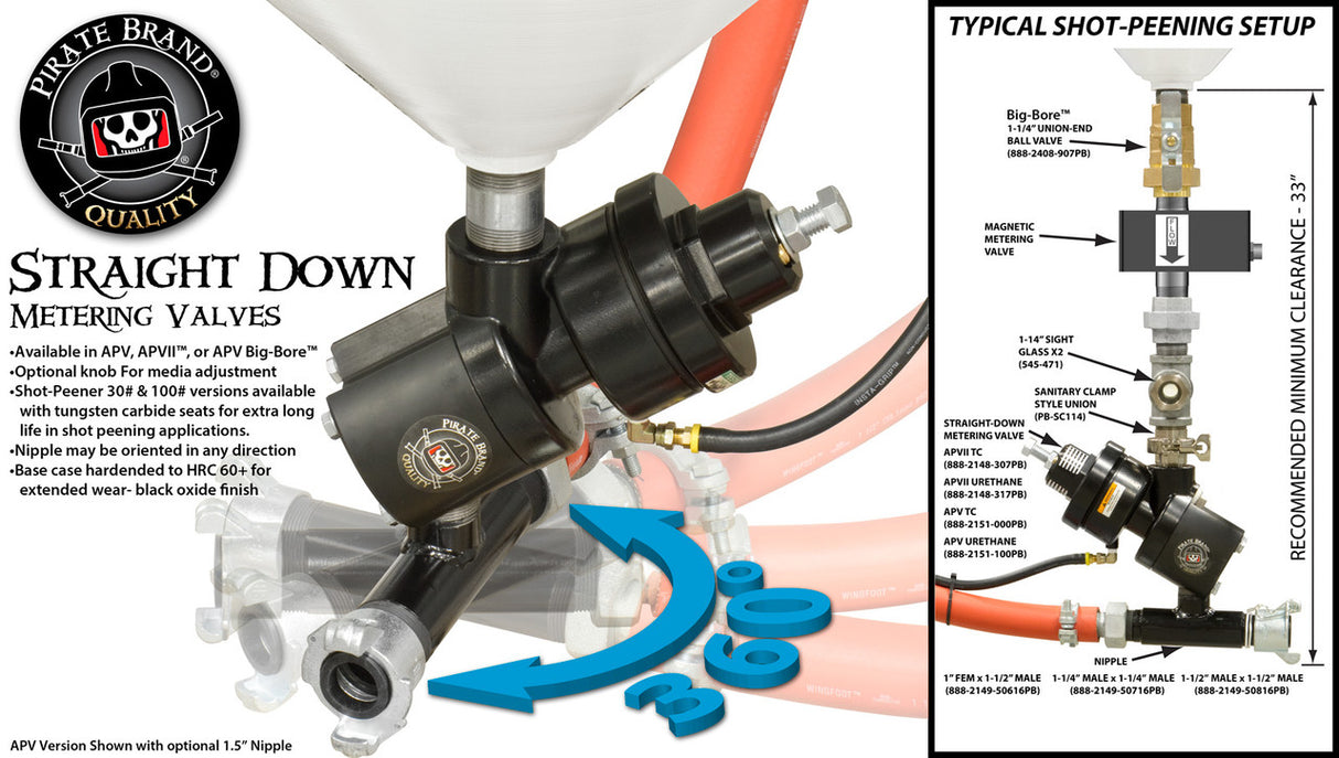 Pirate Brand - APV II Shot-Peener-30#, Straight-Down Metering Valve w/ Tungsten Carbide Sleeve & Seat (Pipe Nipple NOT INCLUDED)