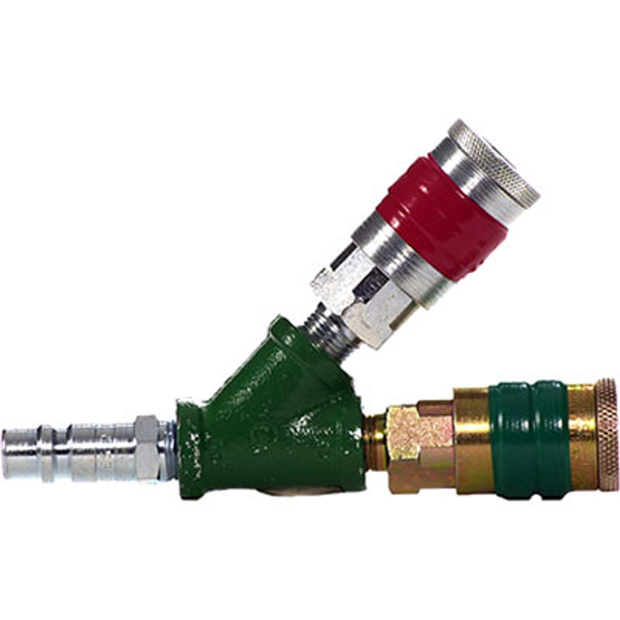 Pirate Brand - BULLARD®, Free Air Pump Quick-Disconnect Coupler 1/2" Industrial Interchange Splitter, One Flow-Through (Green Band) & One Shut-Off (Red Band)