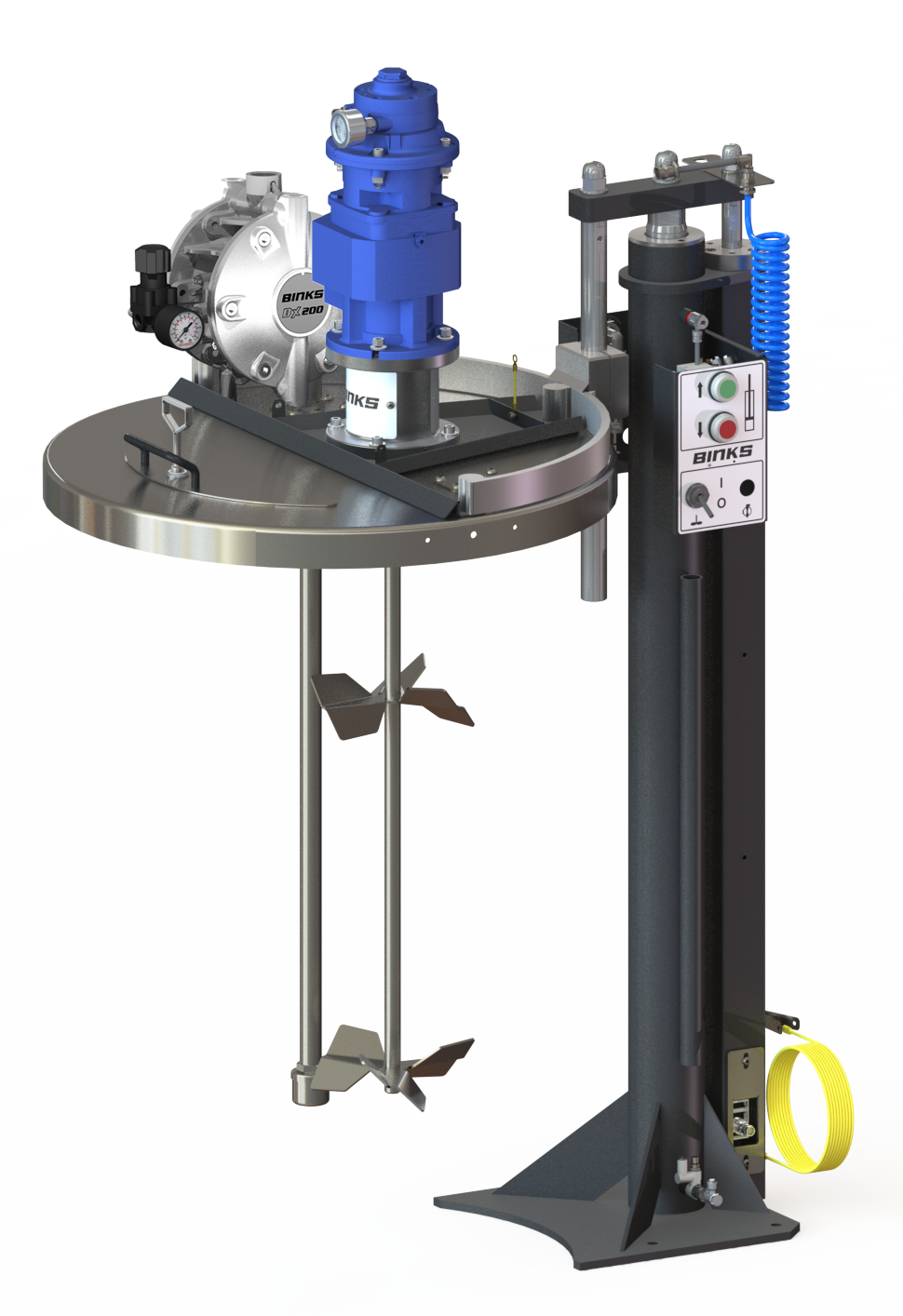 Binks Premium Elevator Systems, 55Gal, RH Controls, Rotory Piston Agitator, DX200SN-1 Pump & Return Tube