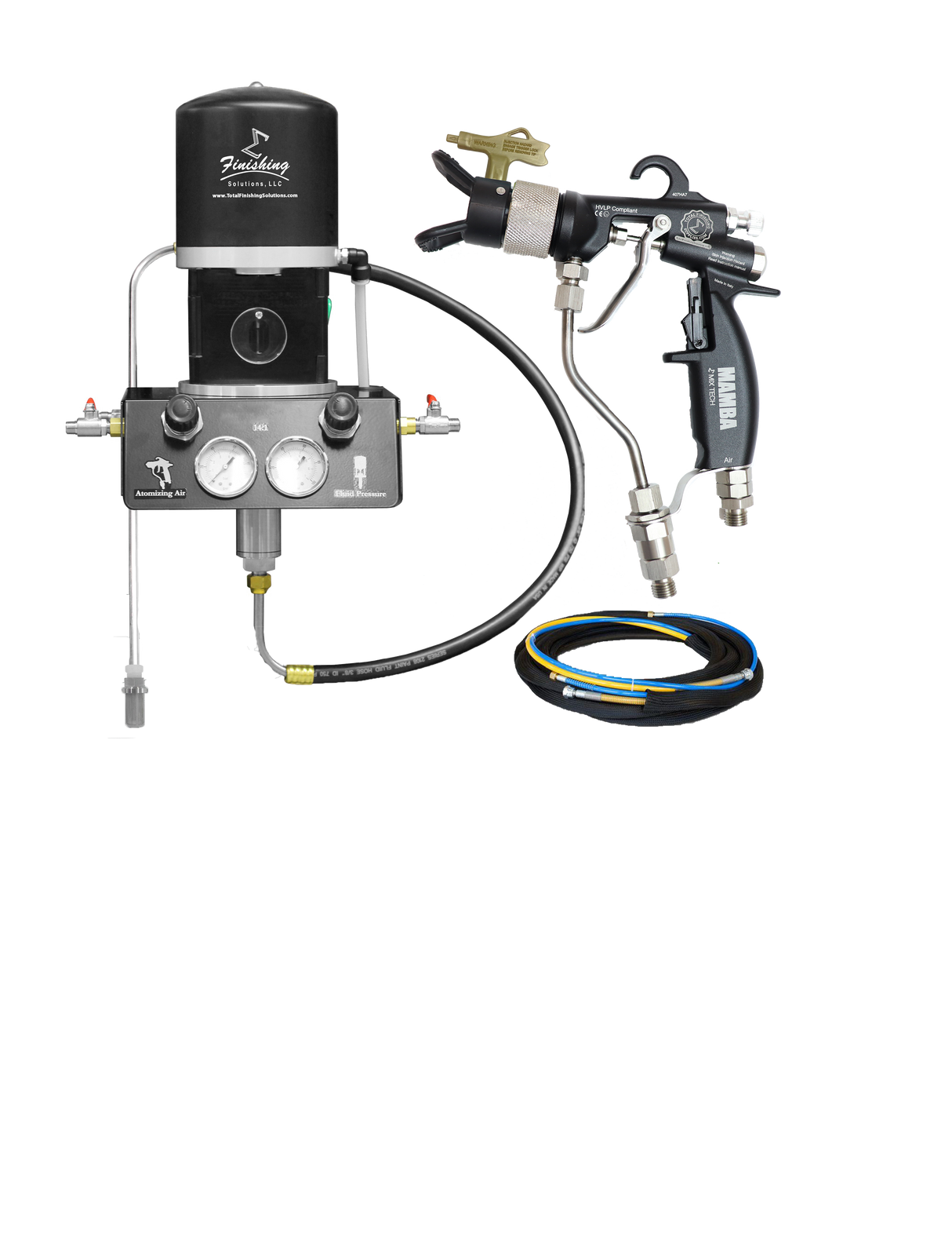 TFS Label Air-Assist-Airless (AAA) 14:1 Peak™ Pump - Wall Model Set-Up (V Packing) with MAMBA® AAA Spray Gun - Total Finishing Supplies