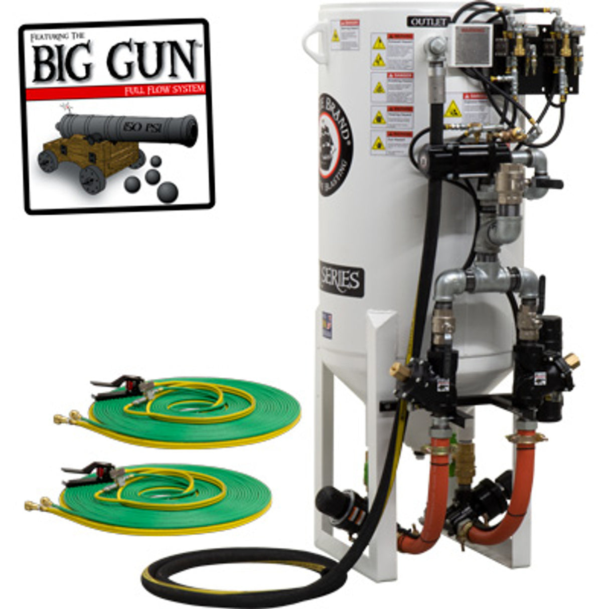 Pirate Brand, S-Series - 10 CU FT., DOUBLE OUTLET W/ ABRASIVE CUT-OFF (Hose Mounted) - Blast Pot, STATIONARY, Pressure RELEASE System, Pneumatic Controls