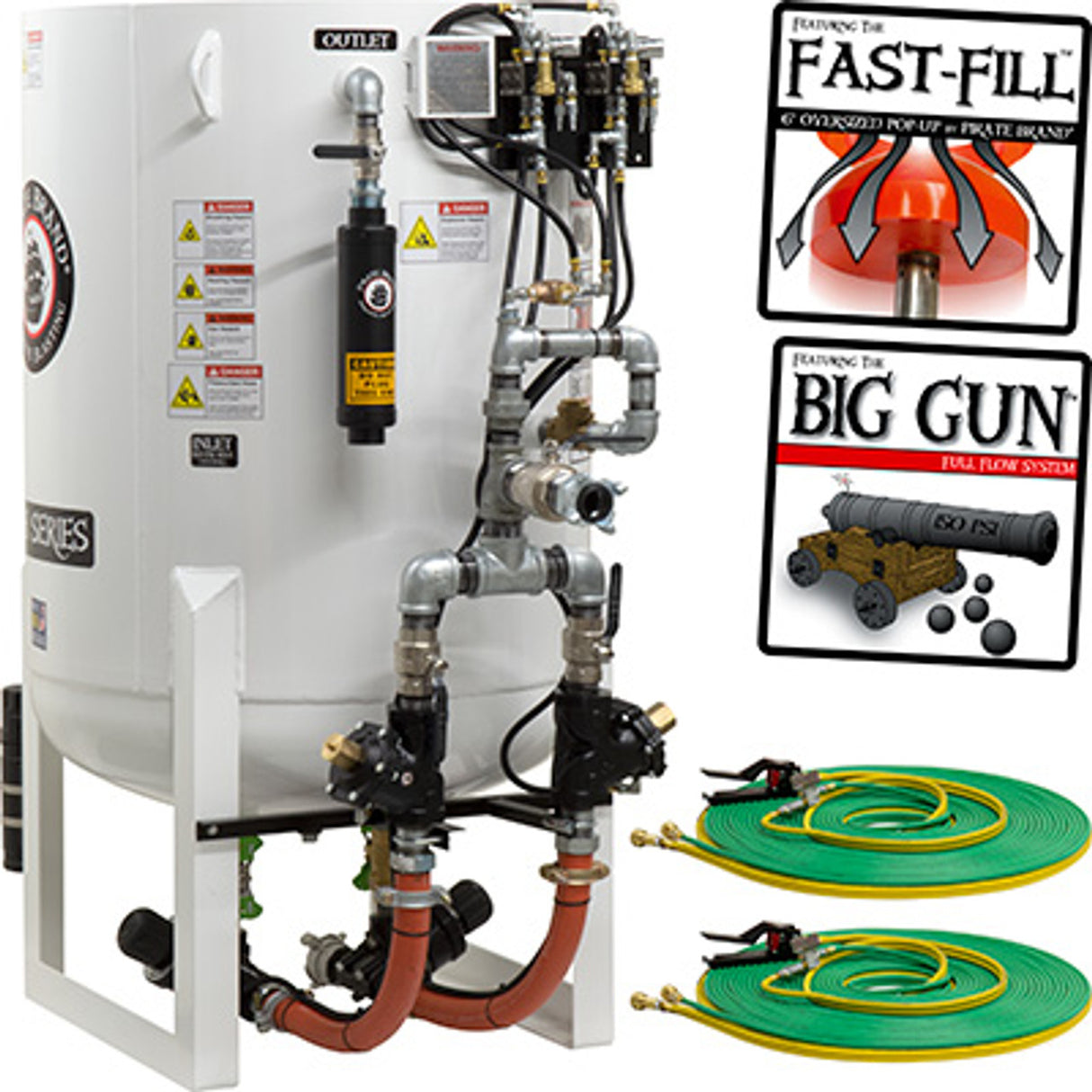 Pirate Brand, S-Series - 20 CU FT., DOUBLE OUTLET W/ ABRASIVE CUT-OFF (Hose Mounted) - Blast Pot, Stationary, Pressure HOLD System, Pneumatic Controls