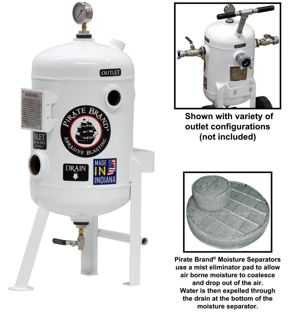 Pirate Brand - Schmidt Mfg Style, Moisture Separator 800 CFM, Stationary 150 PSI (10.3 BAR), (1) 2" Inlet x (1) 2", (2) 1-1/2" Outlets w/o Fittings