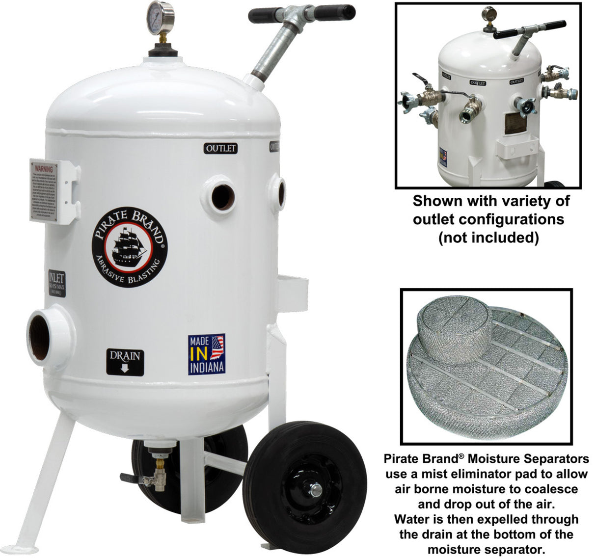 Pirate Brand - Schmidt Mfg Style, Moisture Separator 1600 CFM, Portable 150 PSI (10.3 BAR), (1) 3" Inlet x (5) 1-1/2" Outlets w/o Fittings