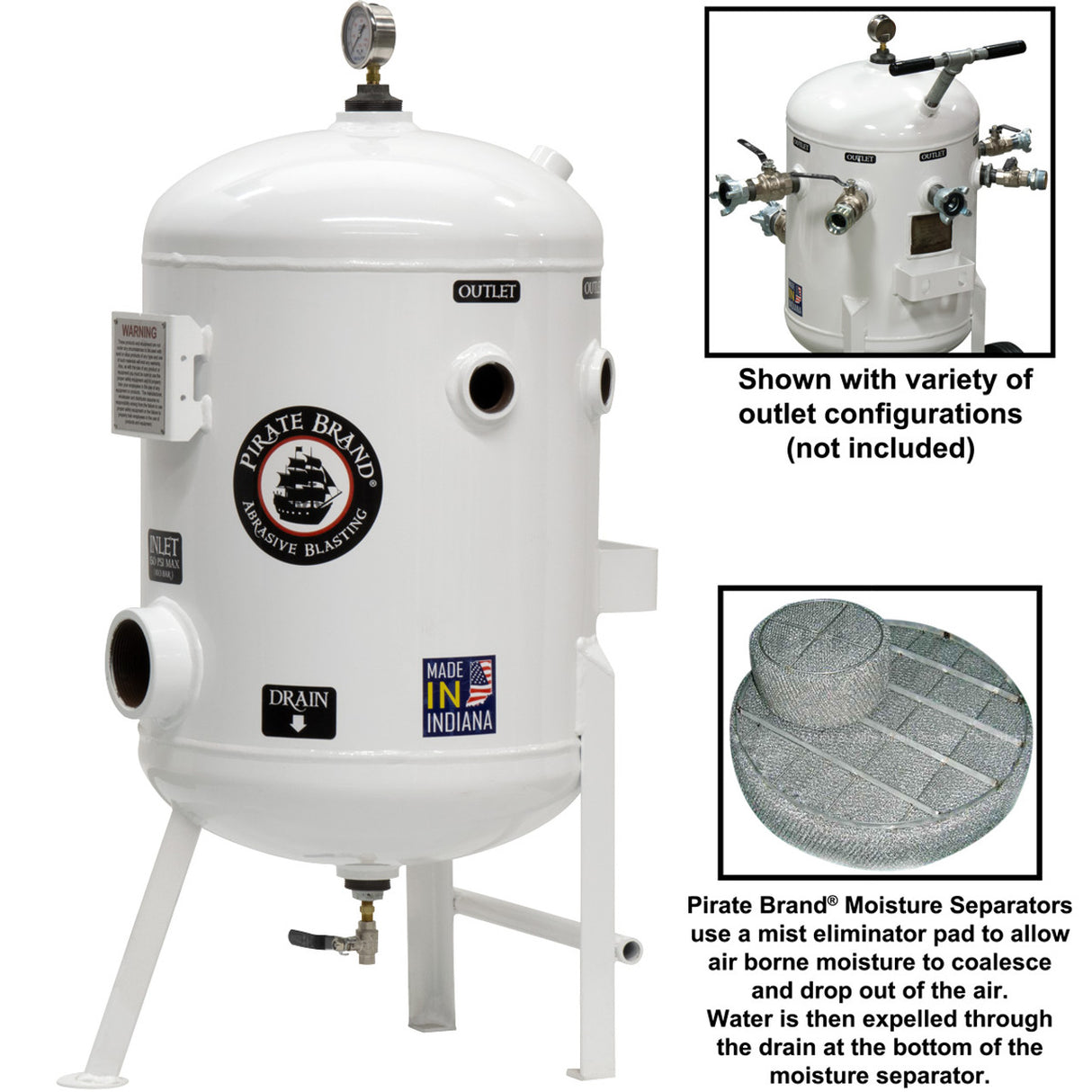 Pirate Brand - Schmidt Mfg Style, Moisture Separator 1600 CFM, Stationary 150 PSI (10.3 BAR), (1) 3" Inlet x (5) 1-1/2" Outlets w/o Fittings
