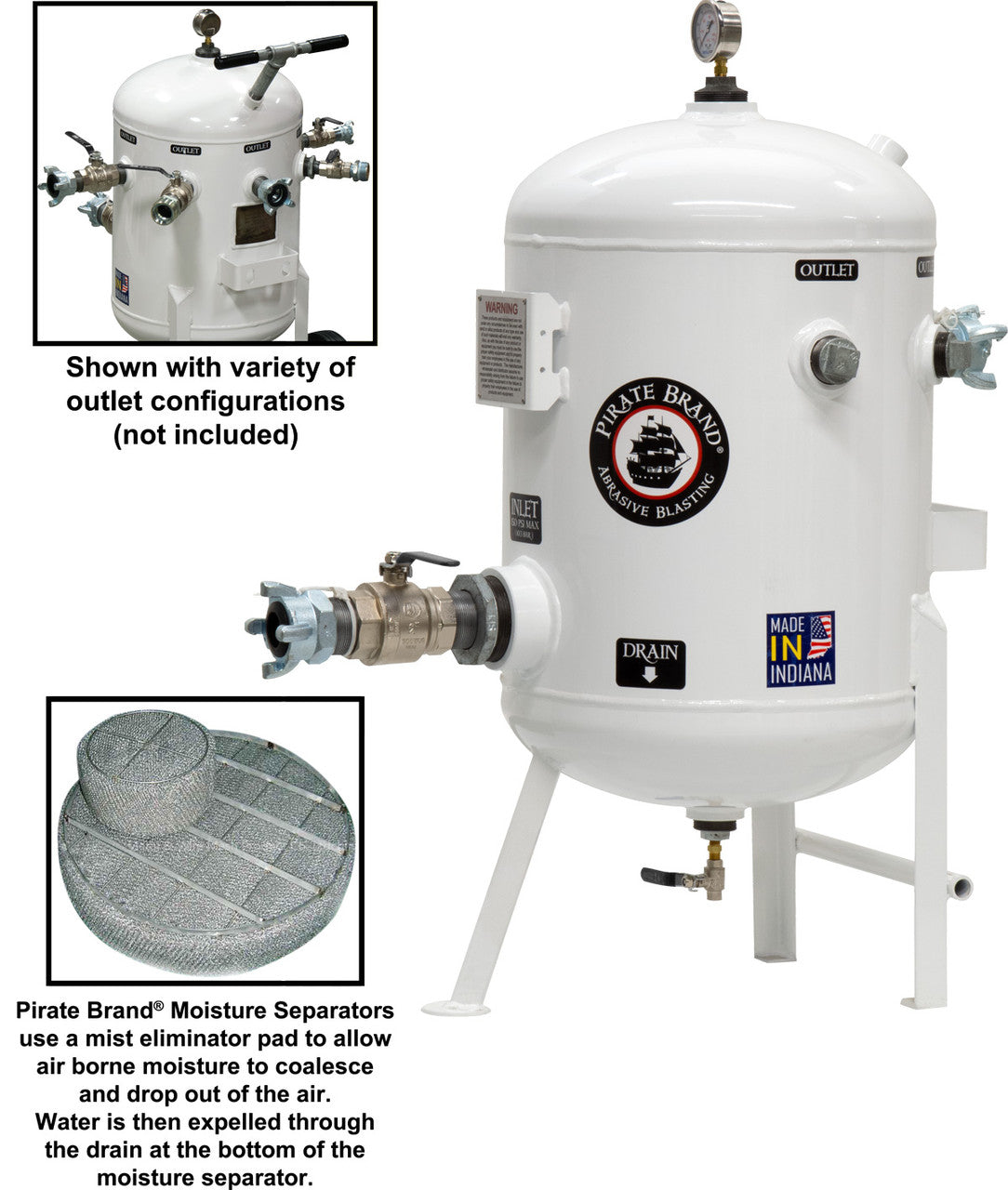 Pirate Brand - Schmidt Mfg Style, Moisture Separator 1600 CFM, Stationary 150 PSI (10.3 BAR), (1) 4 Lug w/Ball Valve Inlet x (1) 4 Lug Outlet