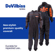 DeVilbiss Premium Black Coverall spray suit front and back view with branding - Total Finishing Supplies