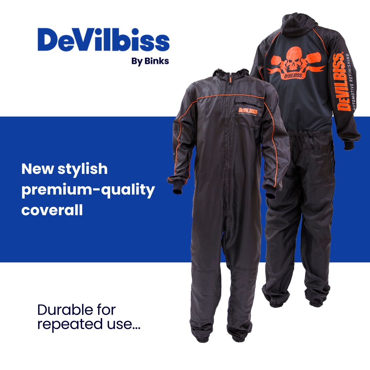 DeVilbiss Premium Black Coverall spray suit front and back view with branding - Total Finishing Supplies