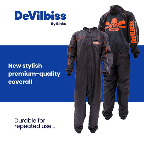 DeVilbiss Premium Black Coverall spray suit front and back view with branding - Total Finishing Supplies