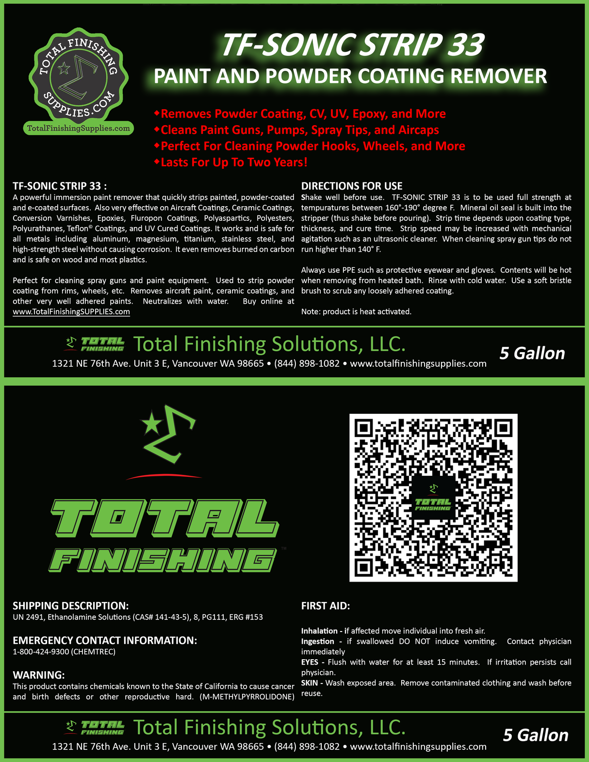 TF-Sonic 33 - Ultra Sonic Cleaning Fluid for Paint Spray Gun and Powder Coat Removal