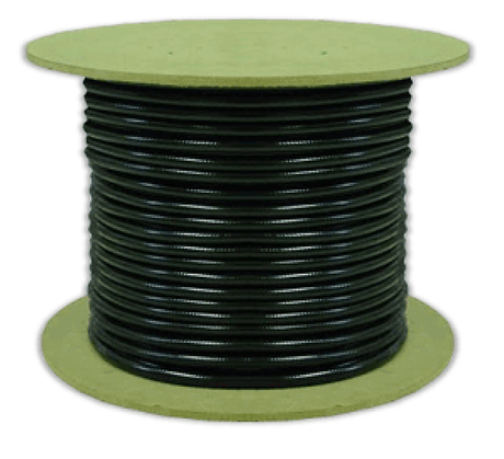 A reel of black 3/8” fluid hose without fittings, coiled and placed on a green spool.